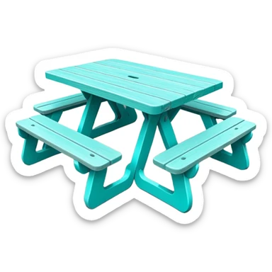 functional scenic prop picnic table with benches, soft teal, straight vertical legs, wheels, flat wood-style silhouette, clean geometry, minimal shading sticker