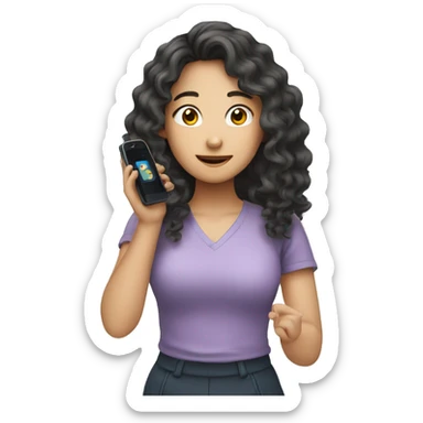 asian girl with long curly hair using phone sticker
