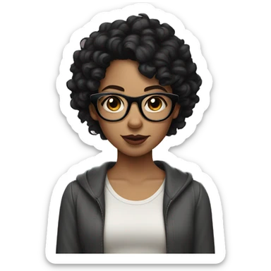 Girl with short black curly hair, glasses and a lip piercing  sticker