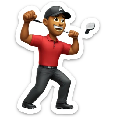 Tiger woods fist pumping while wearing red shirt holding putter in left hand sticker