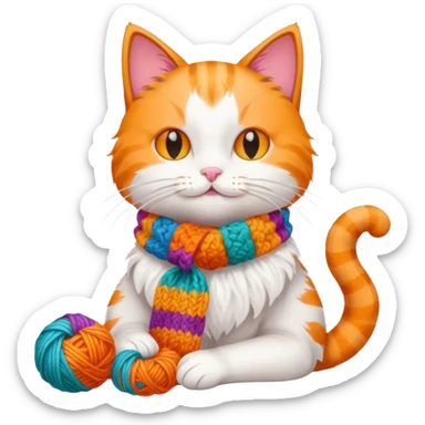 Cat knitting a tiny scarf sticker