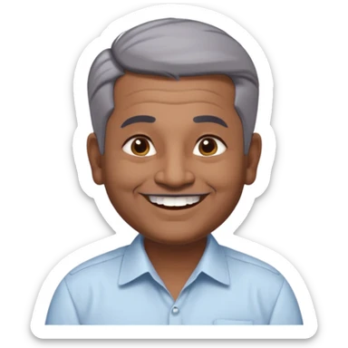 50 yr old indian man, dark skin, grey hair, big smile, white teeth, chubby, no moustache, clean shaven, young style hair, hair brushed back, 5 oclock shadow, bindy, dress shirt, forehead dot, chubby sticker