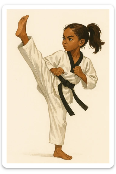 brown-skinned girl with brown hair in a ponytail doing a high taekwondo kick, martial arts uniform, action pose, minimal background sticker