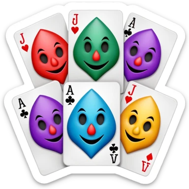 bunch of 3 poker cards, with crazy colorful jolly jokers inside, inversed face sticker