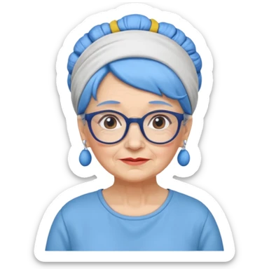 fat old woman with blue bun hair and glassess and headband sticker