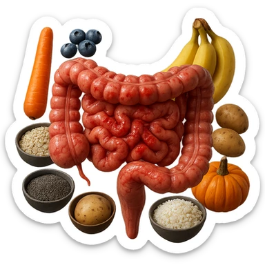 intestino umano anatomico infiammato con carota, bowl di avena, mirtilli, bowl di semi di chia, patate, banane, zucca, bowl di riso che gli fluttuano dietro, iperrealistico 4k sticker