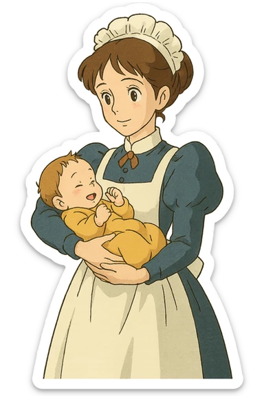 victorian midwife holding a baby with background sticker
