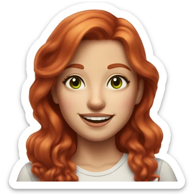 
girl with red hair and gray-green eyes smiles
some freckles and bright pink lips sticker