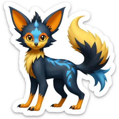 Lykoi-Fennekin-Electrike-Luxray-fusion-hybrid-animal-Fakémon-creature, full body, thin long sleek scaly tail, intricate markings sticker