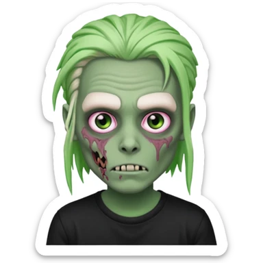 Zombie boy, green skin, white dreads medium long, pink eyes, black tshirt sticker