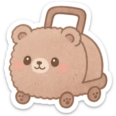 kawaii chibi vacuum cleaner bear, fluffy, rolling with tiny paw wheels, soft brown pastel, full-body sticker