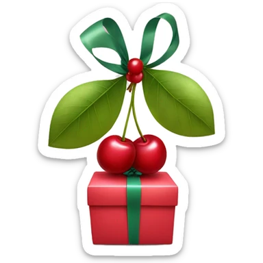 An emoji of two cherries hanging from a gift bow, with a delicate ribbon tying them together sticker