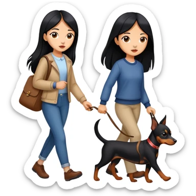 A girl with long black hair walking with a Pinscher sticker