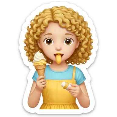 a little girl kid with curly hair, yellow dress, eat ice cream sticker
