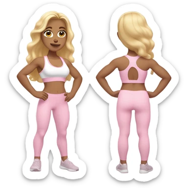 White woman, light skin, long hair, blonde hair, wavy hair, baby pink sports bra, baby pink leggings, flexing one arm sticker