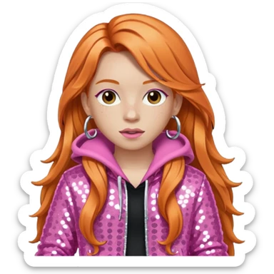 Ice Spice, Rapper (b.2000) with long ginger hair, pink sequin outfit sticker