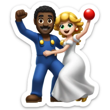 Black man wearing giant Mario costume dancing with brunette woman  sticker