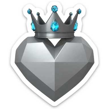 Minimalist 3D emoji based on: a large, sharp geometric heart made of cold, grey brushed steel. Integrated at the top is a severe grey-graphite geometric crown; one large, sparkling light blue diamond is set precisely on each of its points. Soft, even lighting, isolated for sticker quality sticker