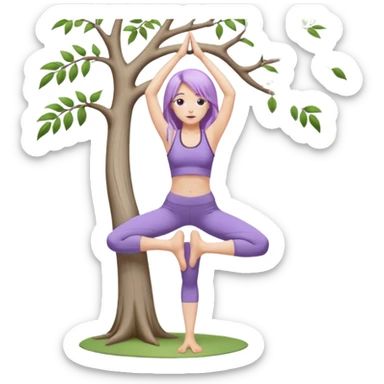 Девушка белокожая, с длинными светло-фиолетовыми волосами, в одежде для йоги, стоит в позе дерева на одной ноге, вторая нога согнута, руки вверху ладонь к ладони, в стиле бимбо пилатес, правильные пропорции, без дерева sticker