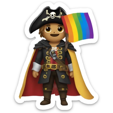 a pirate wearing a gay pride flag as a cape sticker