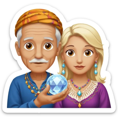 Elderly male cleanshaven gypsy with earrings and blonde female gypsy holding a crystal ball sticker