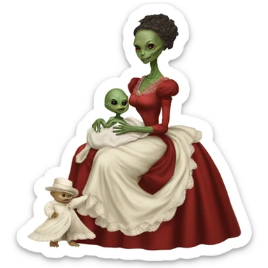  Reptilian alien woman , full body, in victorian red elegant dress , holds a newborn white humman baby sticker