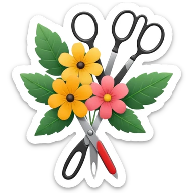 Minimalistic flat vector icon, iOS style, thin black contour on white background. Flower bouquet with leaves and scissors. No text, no shadows. sticker