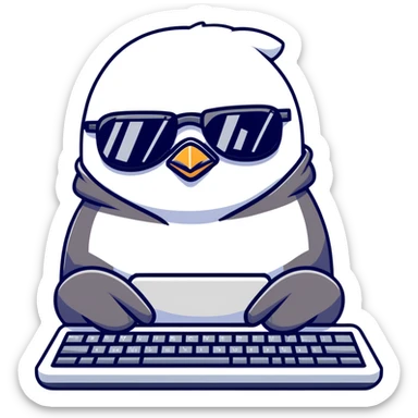 A cool penguin wearing a hoodie with sunglasses perched on head, typing with one flipper on a sleek keyboard sticker