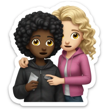  white girl with curly black hair crying next to a thief who stole a bag sticker