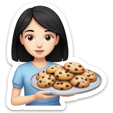A girl with black hair and brown eyes, holding a tray of fresh baked chocolate chips cookies. sticker