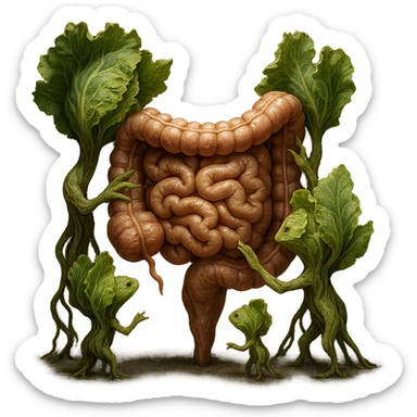 Ultra-realistic 4K illustration: stylized lettuce leaves depicted as plant-like creatures interacting with a human anatomical model of the intestine. The scene is surreal and scientific, with organic textures, refined biological details, dramatic lighting, and a bio-fantasy photorealistic style sticker