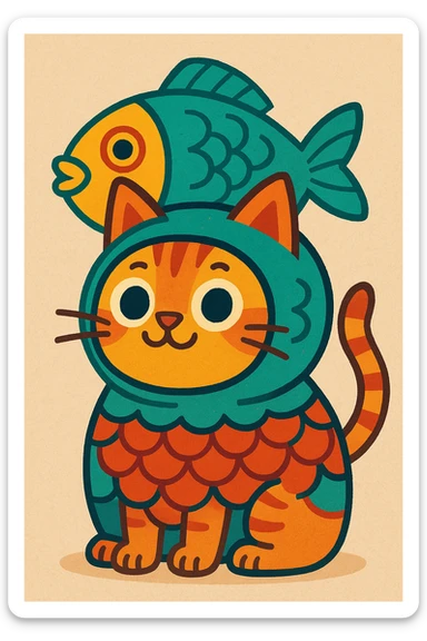 a cat wearing a fish costume, whimsical and colorful sticker
