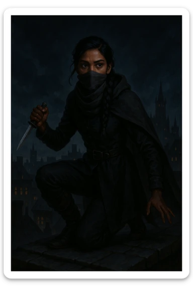 Inej Ghafa from Six of Crows, standing on a rooftop, holding a knife, dressed in dark, practical clothing, scarf covering part of her face, poised and ready sticker