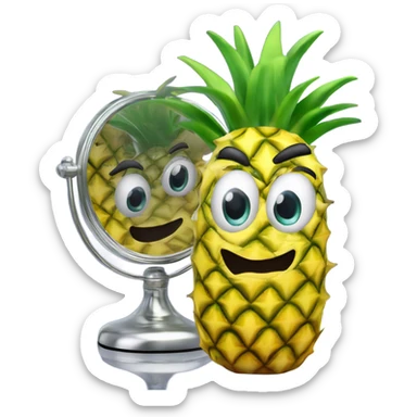 3D elegant pineapple🍍  with big shiny eyes 👀 pineapple holds mirror with its reflection 🪞🍍 sticker