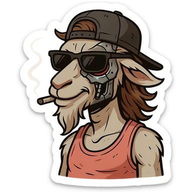 goat-terminator for Telegram stickers inspired by reference https://attic.sh/feoducyurkpqwz0la088soao98sx: wearing a cap, glasses, mullet hairstyle, pink drunkard tank top.  sticker