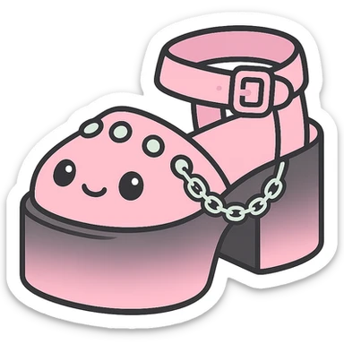 Add a gradient effect from black to pastel pink on the platform sandals with silver studs and chains, kawaii style, no socks, no hearts, transparent background sticker