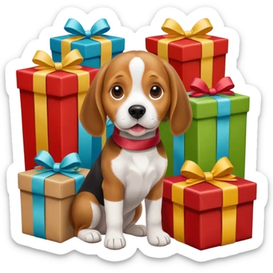 beagle sat amongst the xmas presents sticker