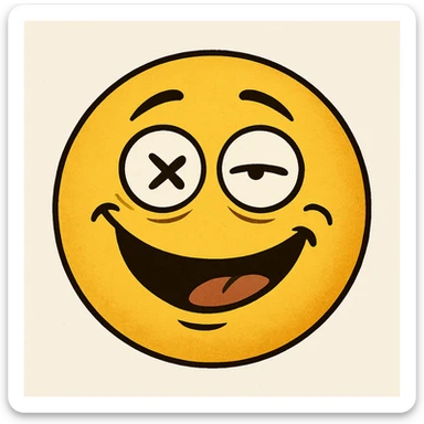 yellow face with crossed eyes and silly smile, drunk expression sticker