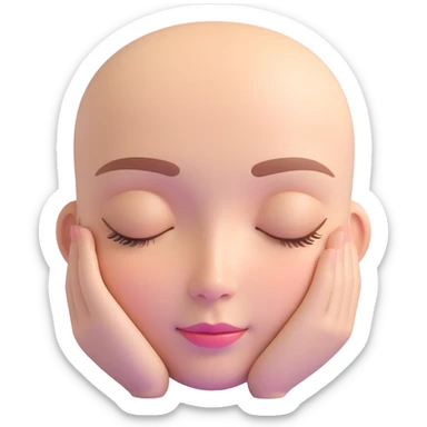 3D emoji-style portrait of a human face, calm and relaxed, smooth rounded features, large slightly closed eyes, soft smile, neutral brow, glossy surface, pastel skin, soft lighting, peaceful and friendly, ultra-realistic 3D, blurred neutral background sticker