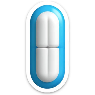 A one capsule-shaped pill, positioned at an angle.: one half is blue, and the other half is white. sticker