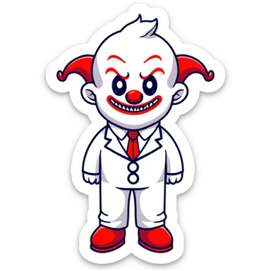 full-body demonic clown in a white leisure suit with bellbottom pants, bald, with black ram horns, wearing elevator shoes, cartoon sticker style sticker