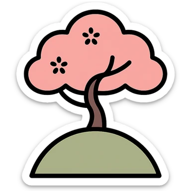 minimalist Japanese landscape icon, stylized cherry blossom tree on a hill, muted tones, minimal detail sticker