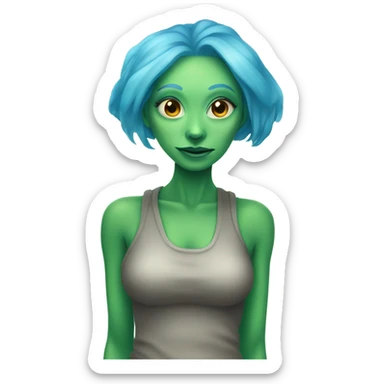 a green alien woman full body,blue hair sticker