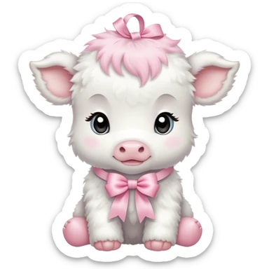 White baby calf with pastel pink ribbon around neck sticker