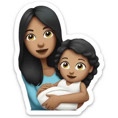 mom holding newborn baby girl with blue eyes white skin black hair and white skin sticker