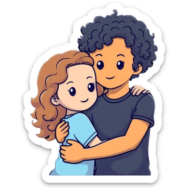 girl with long light brown hair and pale skin hugging a boy with black curly hair and tanned skin sticker