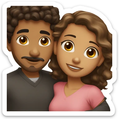 Hispanic girl with light skin, hazel eyes and black wavy hair hugging Arab boy with medium curly hair that is light brown and a tiny mustache and goatee sticker