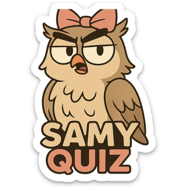 owl with bow and text 'SAMY QUIZ' in the same color palette as the reference image, flat cartoon style sticker