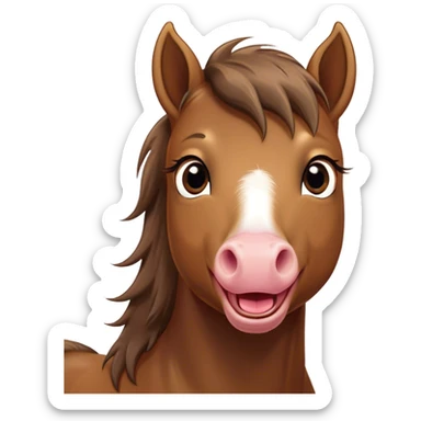 Cinematic Comical Brown Welsh Pony Portrait Emoji, Head tilted dramatically with an exaggeratedly amused expression, featuring a robust, glossy brown color, wide, comically expressive eyes full of playful disbelief, and a subtly animated, perky head, Simplified yet hilariously expressive features, highly detailed, glowing with a slightly sassy earthy glow, high shine, dramatic yet playful, stylized with an air of cheeky equine mischief, soft glowing outline, capturing the essence of a meme-worthy brown Welsh pony that looks ready to trot its way into viral fame! sticker