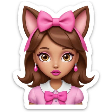 Bratz-inspired character with brown hair, pink bow, exaggerated big lips, and foxy eyes sticker